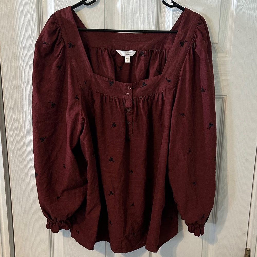 Lauren Conrad Wine Red Embroidered Peasant Blouse Women’s XXL Boho Top
